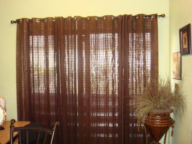 sliding-glass-door-window-curtains-in-chocolate-brown-finished-combined-with-brown-pottery-pot-on-iron-stand-as-well-as-roller-shades-for-sliding-glass-doors-and-drapery-hardware